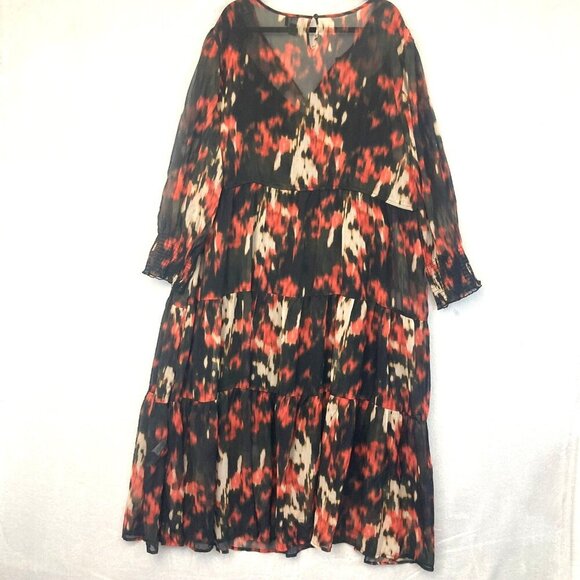 June + Vie Tiered Maxi Dress 3X Red Dark Chiffon Flowy Long Sleeve Whimsigoth - Picture 3 of 16